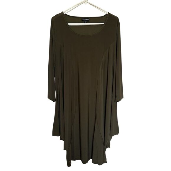 Nina Leonard Dark Olive Artsy Lagenlook Stretch Asymmetrical Hem Dress Sz 2XP - Picture 2 of 10